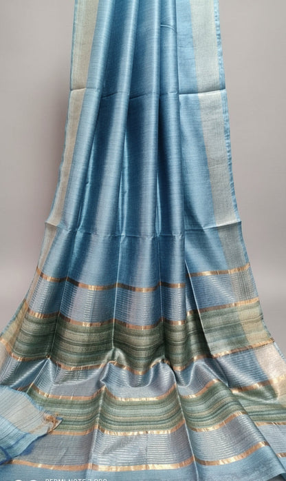 Sky Blue Staple Body Saree with Ghicha Silk Pallu 