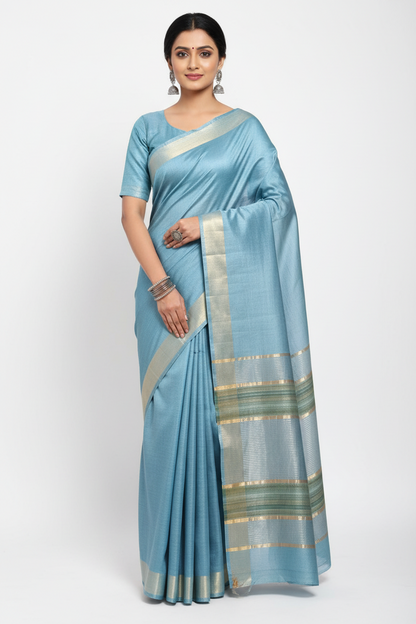 Sky Blue Staple Body Saree with Ghicha Silk Pallu