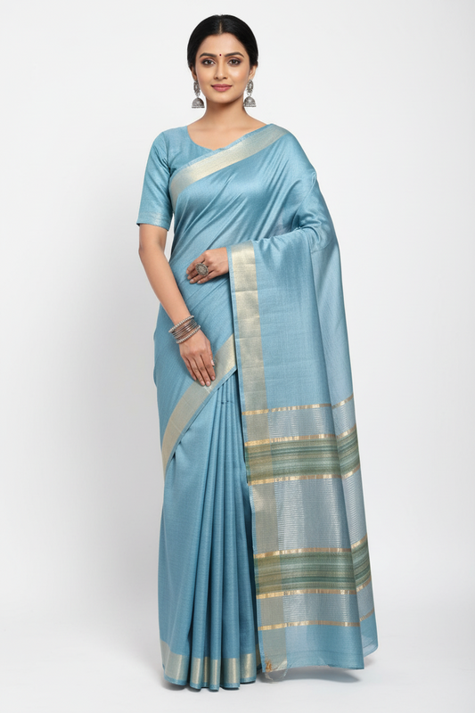 Sky Blue Staple Body Saree with Ghicha Silk Pallu