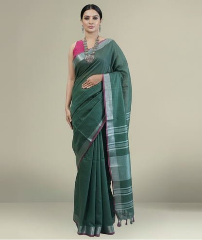Sophisticated Dark Green Cotton Slub Saree with Silver Striped Pallu & Pink Contrast Border