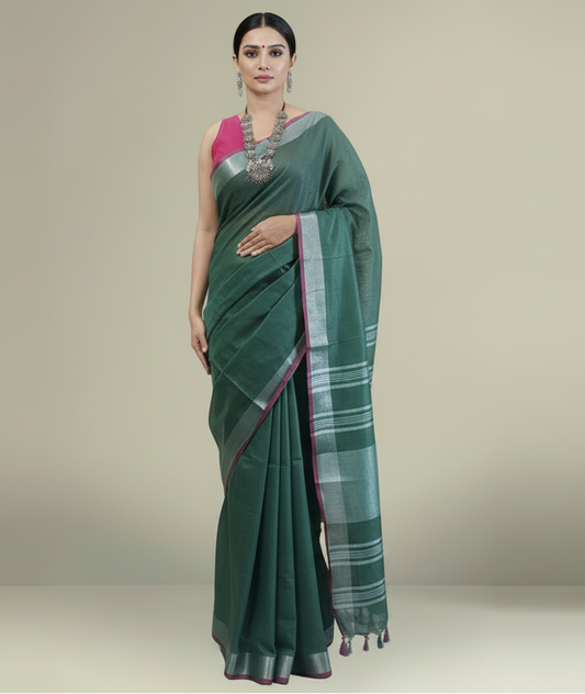 Sophisticated Dark Green Cotton Slub Saree with Silver Striped Pallu & Pink Contrast Border