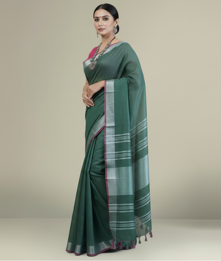 Sophisticated Dark Green Cotton Slub Saree with Silver Striped Pallu & Pink Contrast Border