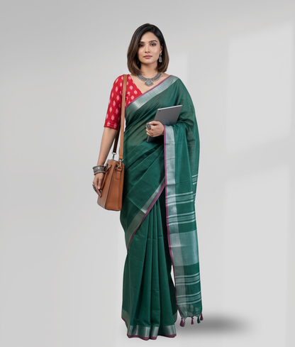 Sophisticated Dark Green Cotton Slub Saree with Silver Striped Pallu & Pink Contrast Border
