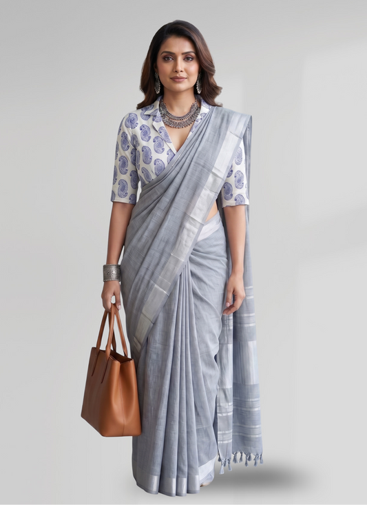 Sophisticated Grey Cotton Slub Saree with Elegant Silver Zari Border & Striped Pallu