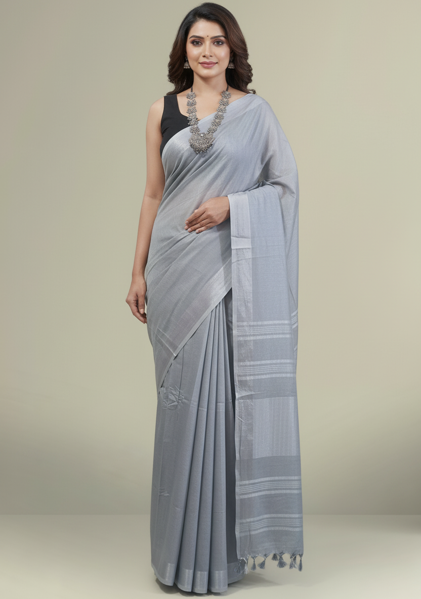 Sophisticated Grey Cotton Slub Saree with Elegant Silver Zari Border & Striped Pallu