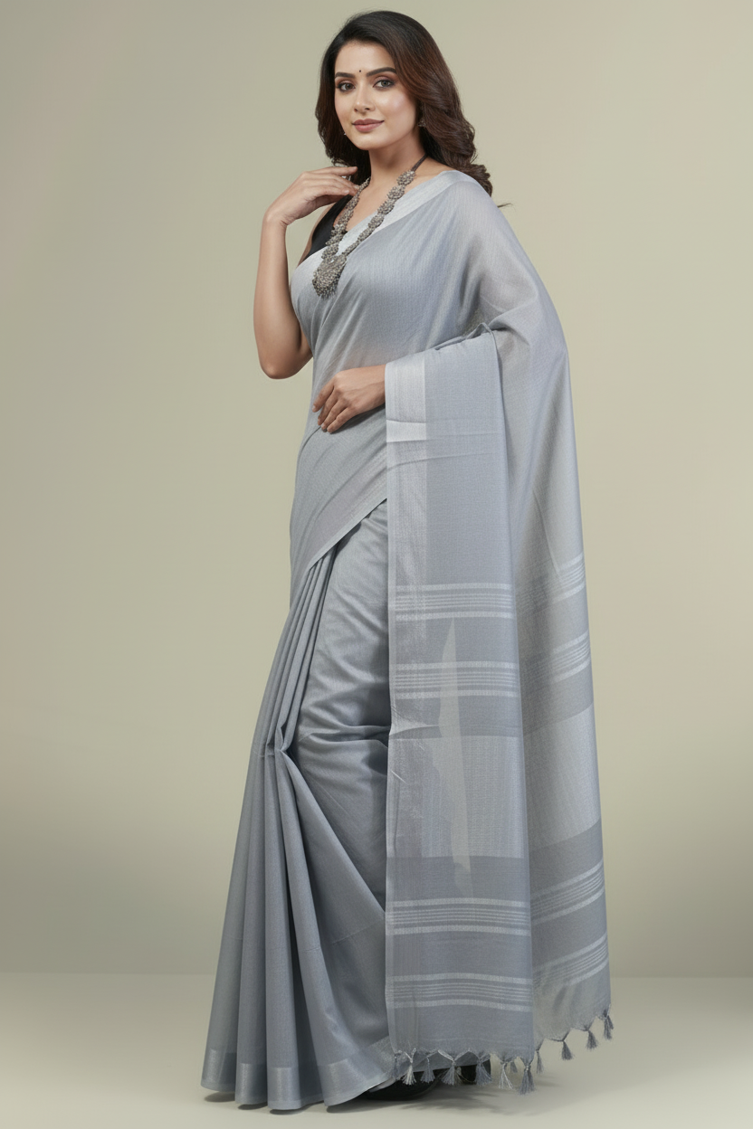 Sophisticated Grey Cotton Slub Saree with Elegant Silver Zari Border & Striped Pallu