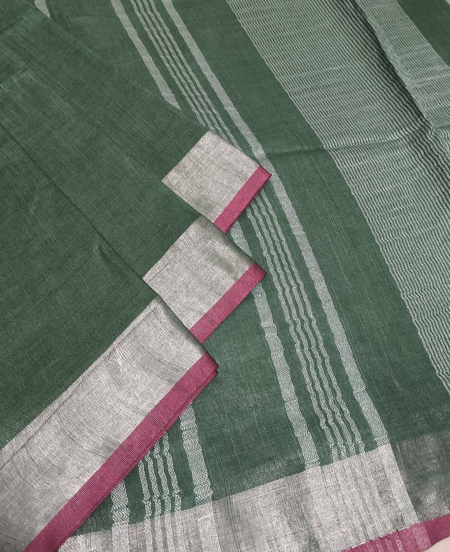 Sophisticated Dark Green Cotton Slub Saree with Silver Striped Pallu & Pink Contrast Border