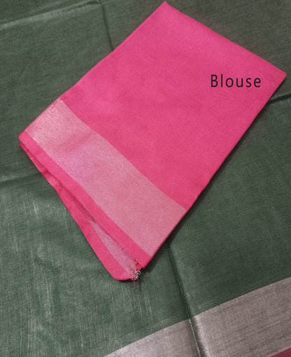 Sophisticated Dark Green Cotton Slub Saree with Silver Striped Pallu & Pink Contrast Border