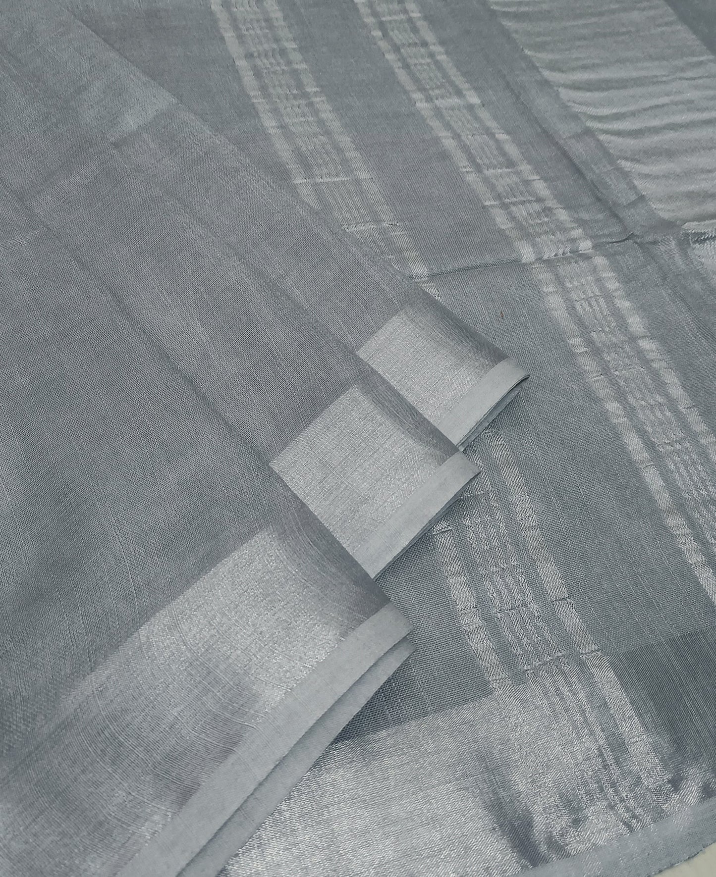 Sophisticated Grey Cotton Slub Saree with Elegant Silver Zari Border & Striped Pallu