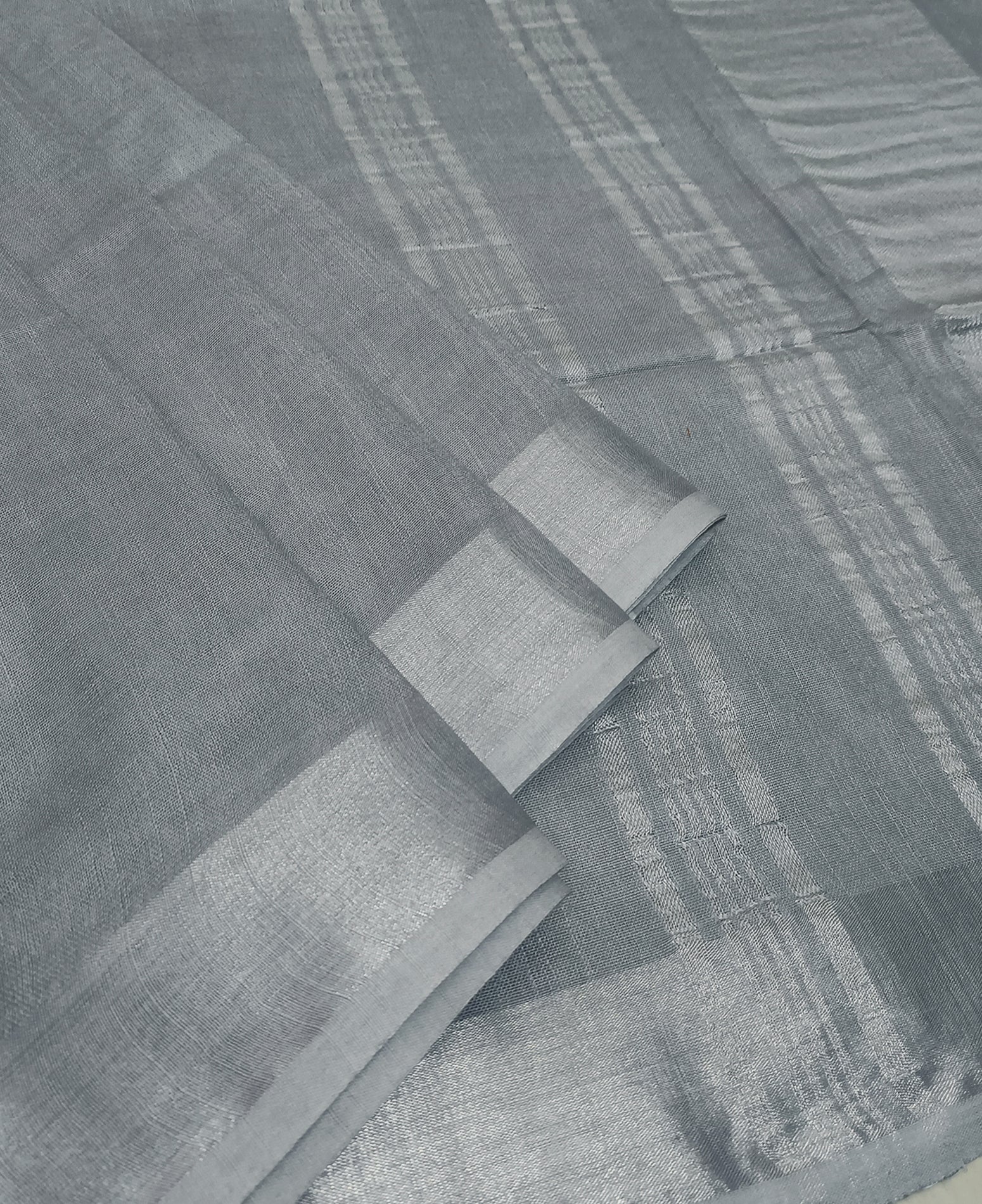 Sophisticated Grey Cotton Slub Saree with Elegant Silver Zari Border & Striped Pallu