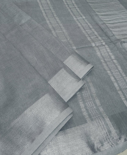 Sophisticated Grey Cotton Slub Saree with Elegant Silver Zari Border & Striped Pallu