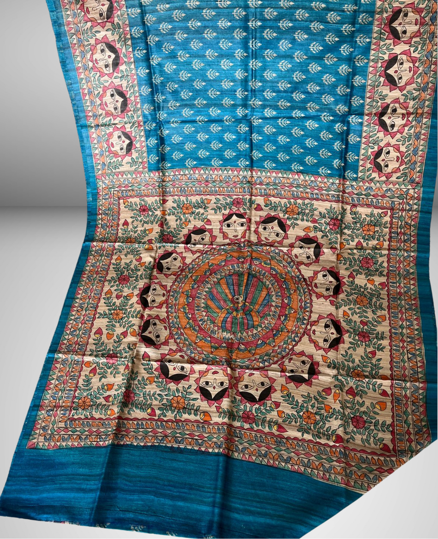 Hand Painted Teal Blue Mithila Art Tussar Ghicha Silk Saree