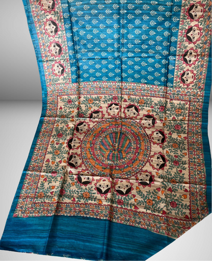 Hand Painted Teal Blue Mithila Art Tussar Ghicha Silk Saree