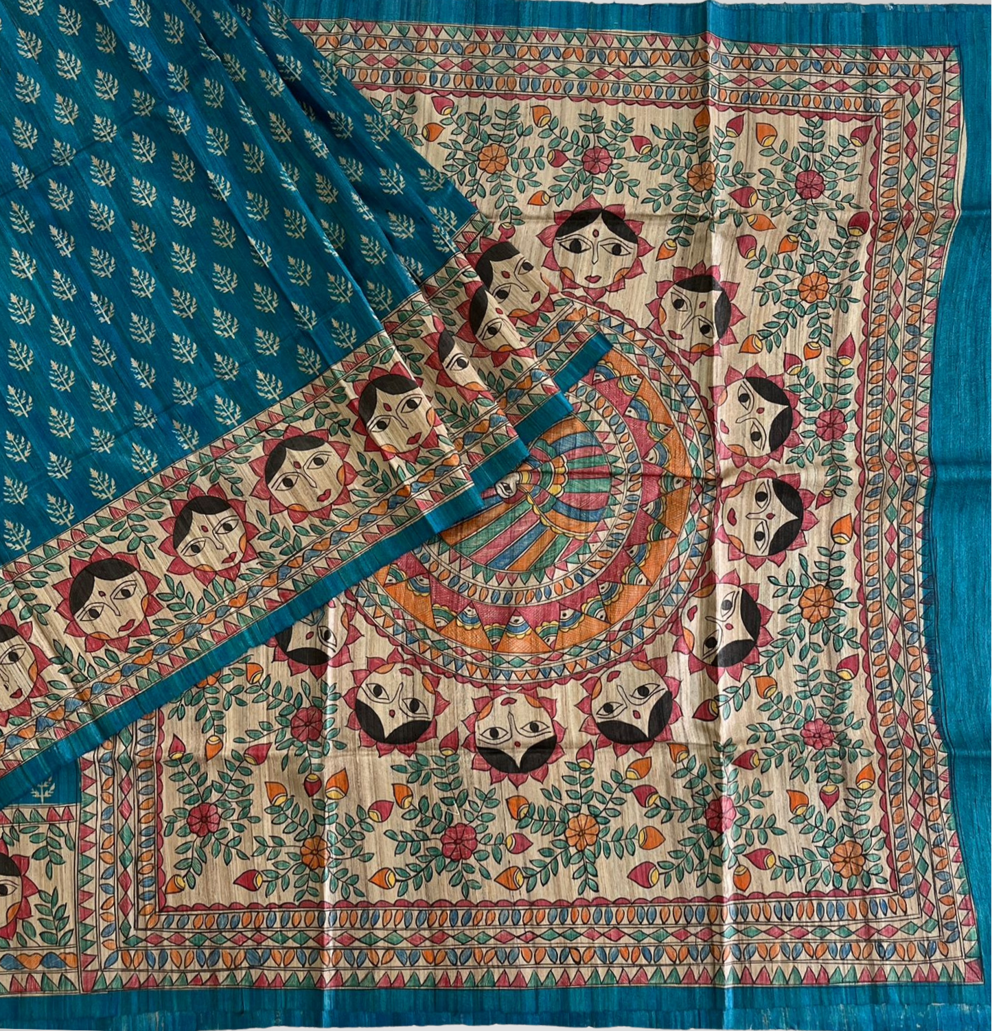 Hand Painted Teal Blue Mithila Art Tussar Ghicha Silk Saree