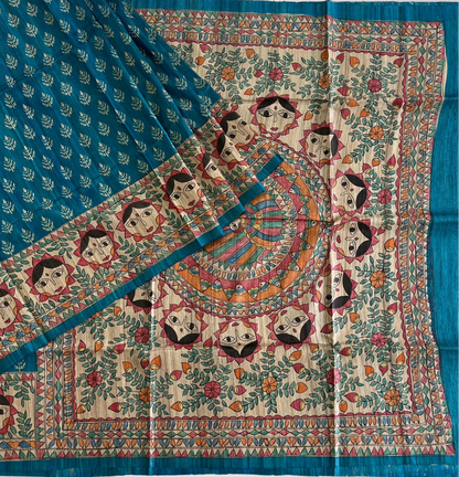 Hand Painted Teal Blue Mithila Art Tussar Ghicha Silk Saree