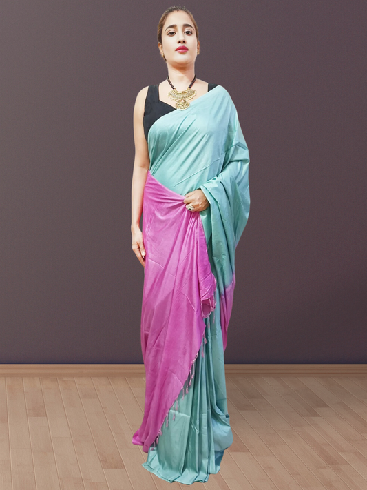 Turquoise and Pink Bhagalpuri Silk Saree