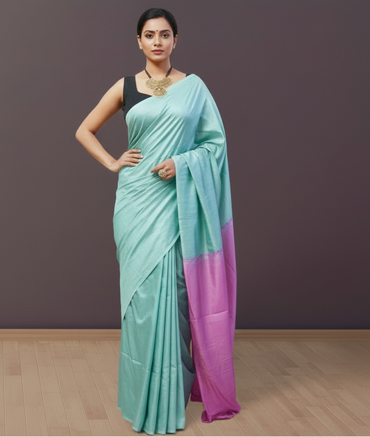 Turquoise and Pink Bhagalpuri Silk Saree