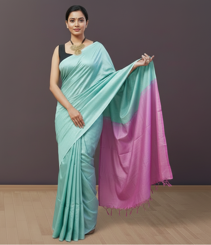 Turquoise and Pink Bhagalpuri Silk Saree