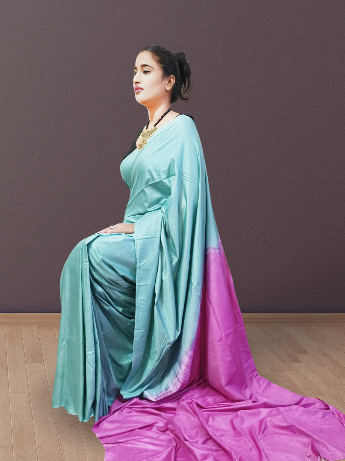 Turquoise and Pink Bhagalpuri Silk Saree