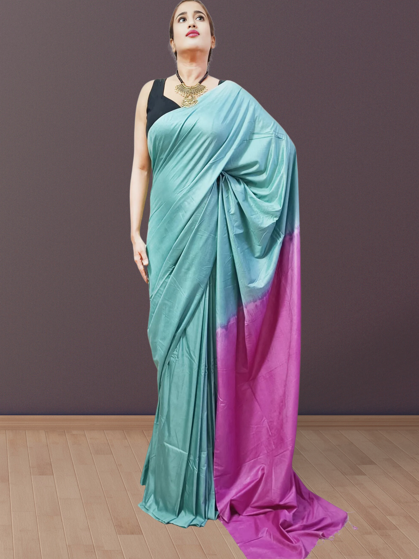 Turquoise and Pink Bhagalpuri Silk Saree