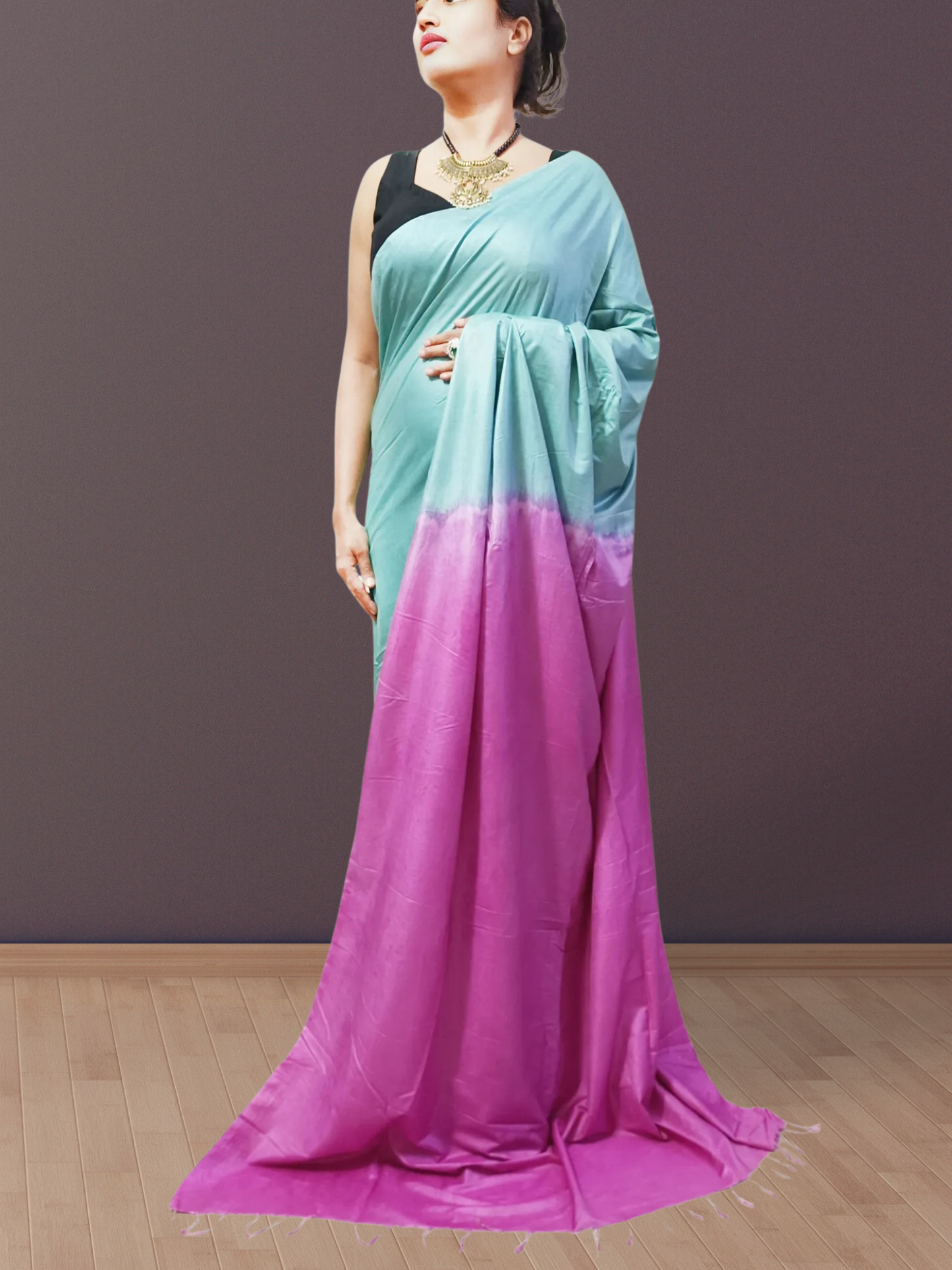 Turquoise and Pink Bhagalpuri Silk Saree