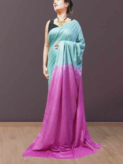 Turquoise and Pink Bhagalpuri Silk Saree