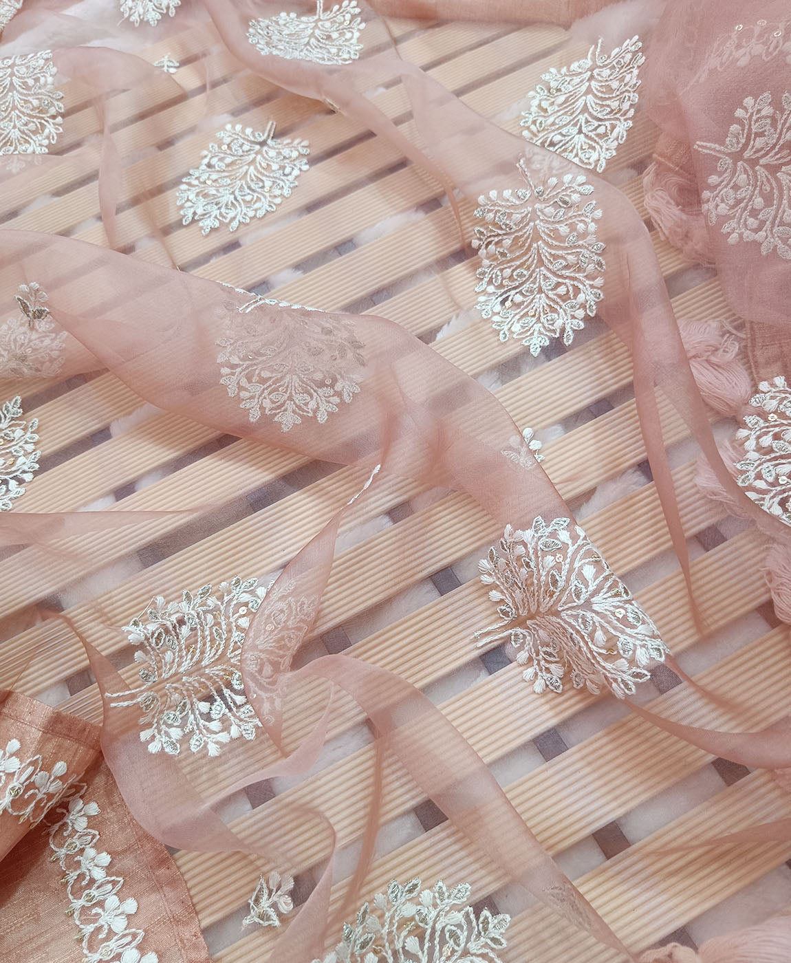 Thread Embroidered Ruddy Pink Organza Saree
