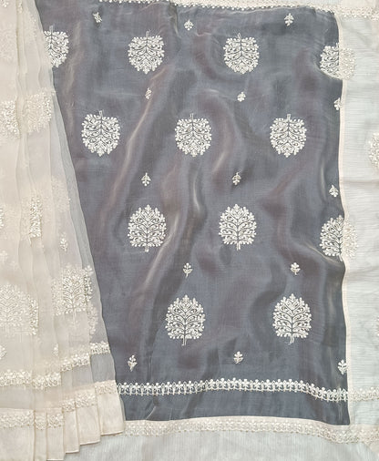 Thread Embroidered Off White Organza Saree