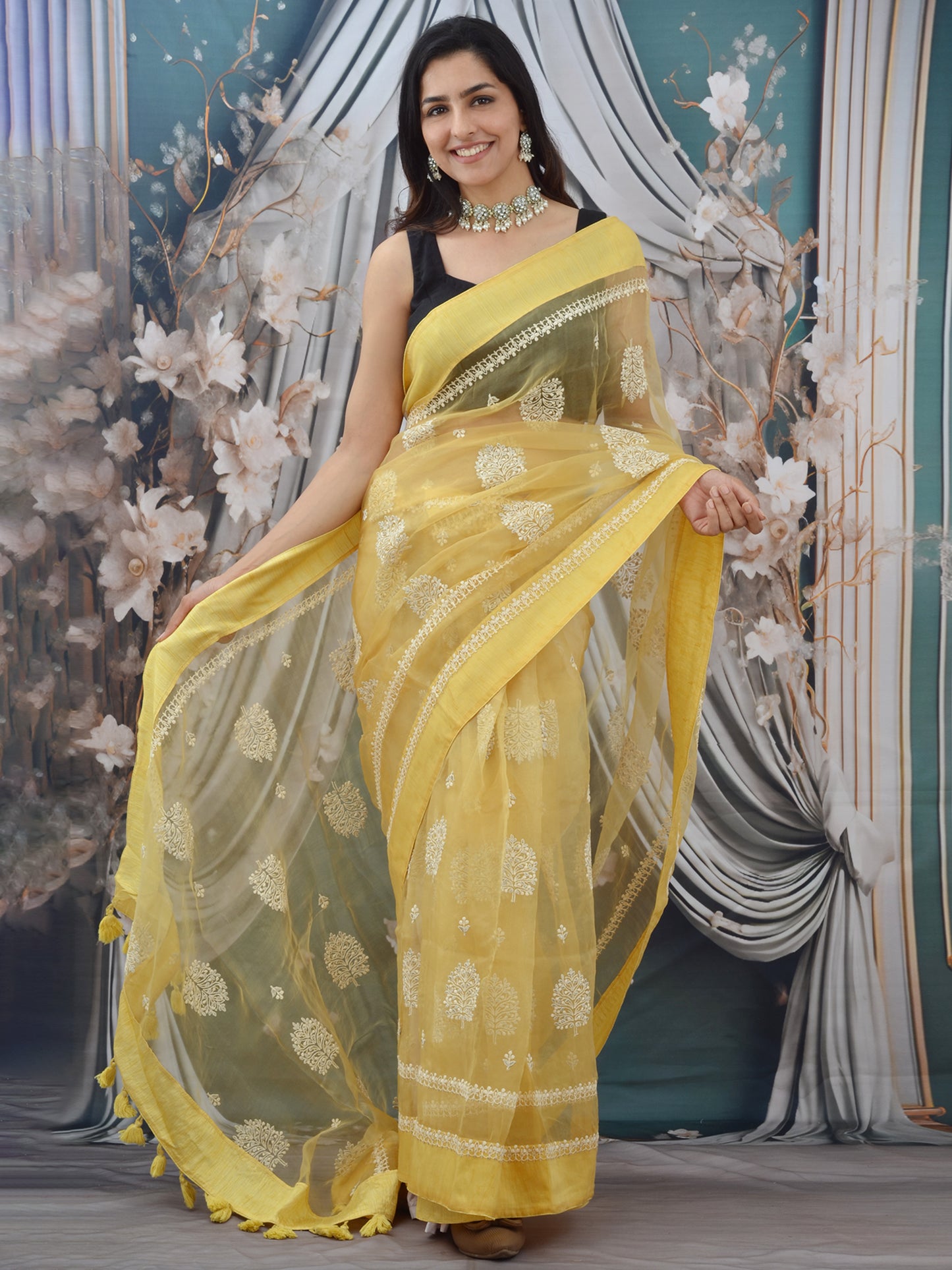 Thread Embroidered Yellow Organza Saree