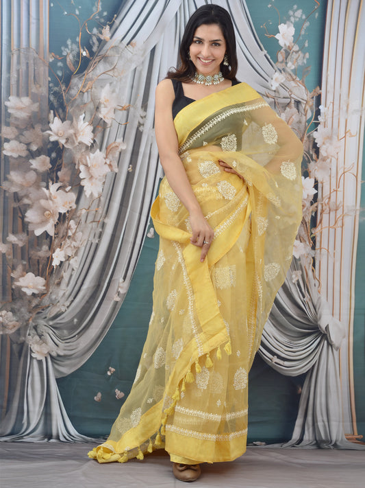 Thread Embroidered Yellow Organza Saree