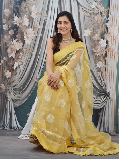 Thread Embroidered Yellow Organza Saree