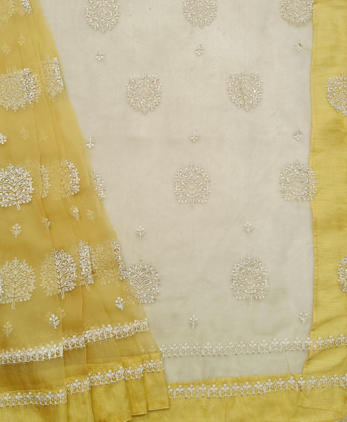 Thread Embroidered Yellow Organza Saree