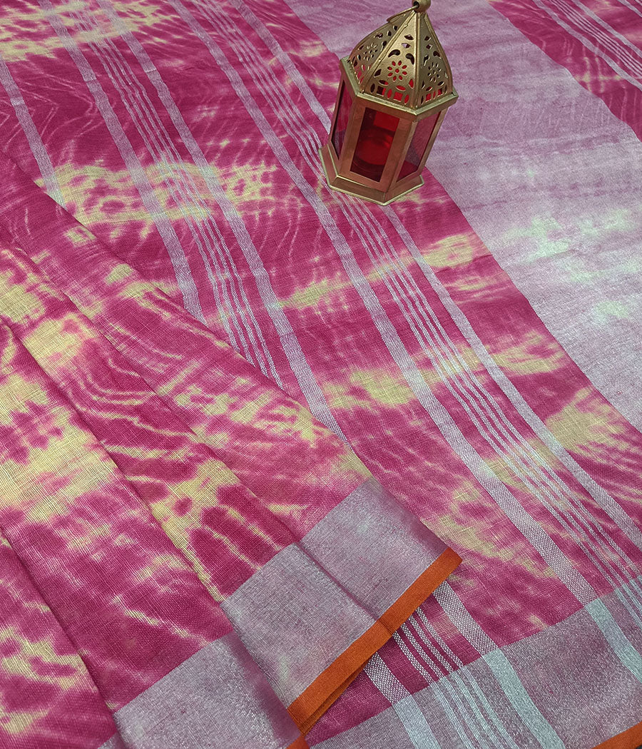 Tie and Dye Pink Linen Saree