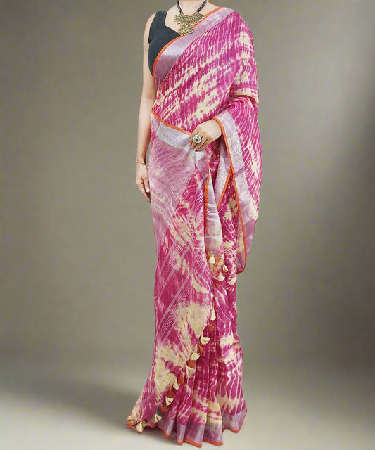 Tie and Dye Pink Linen Saree