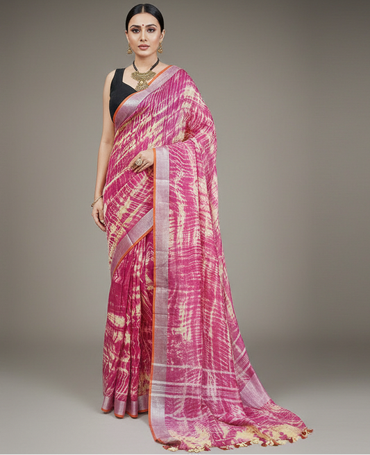 Tie and Dye Pink Linen Saree