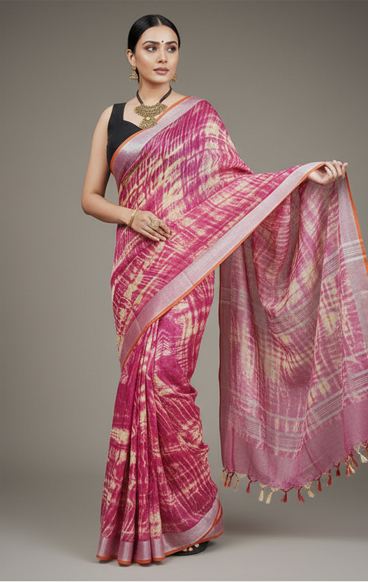 Tie and Dye Pink Linen Saree