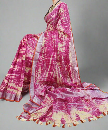 Tie and Dye Pink Linen Saree