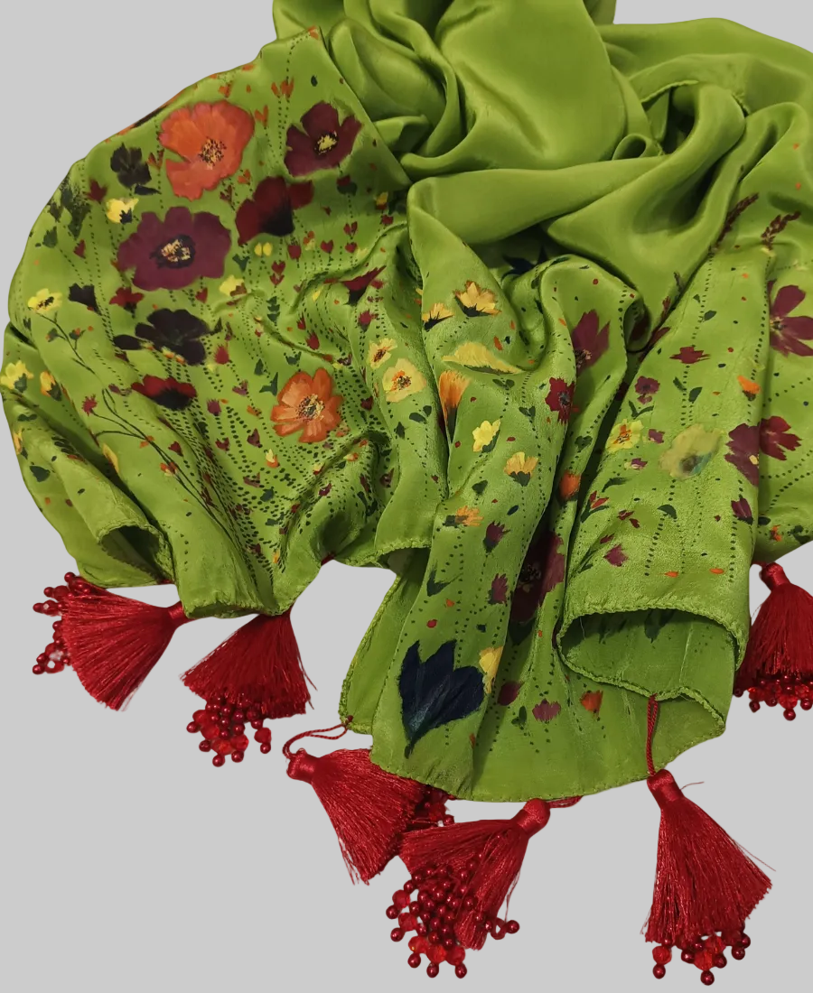Meadow Bloom Hand-Painted Crepe Silk Stole – Olive Green