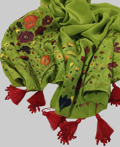 Meadow Bloom Hand-Painted Crepe Silk Stole – Olive Green