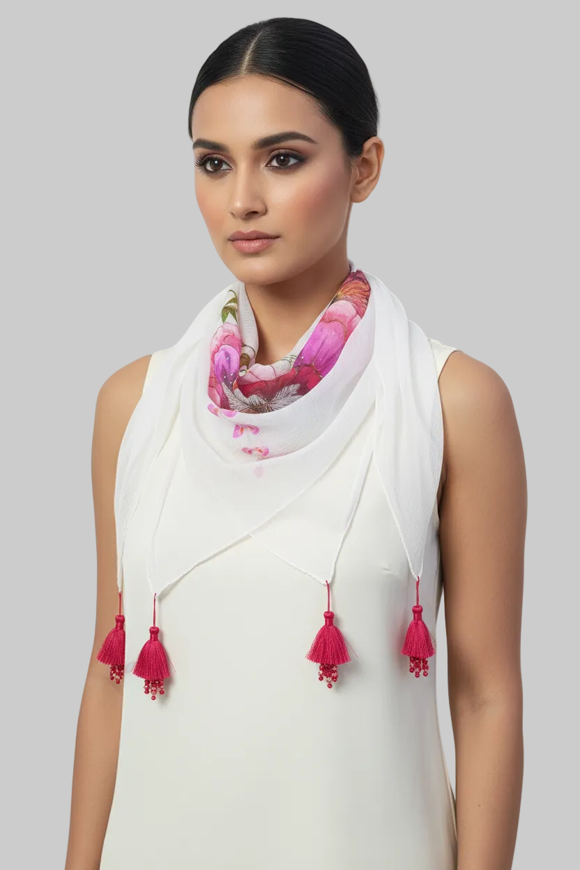 Ivory Blossom Hand-Painted Chiffon Scarf