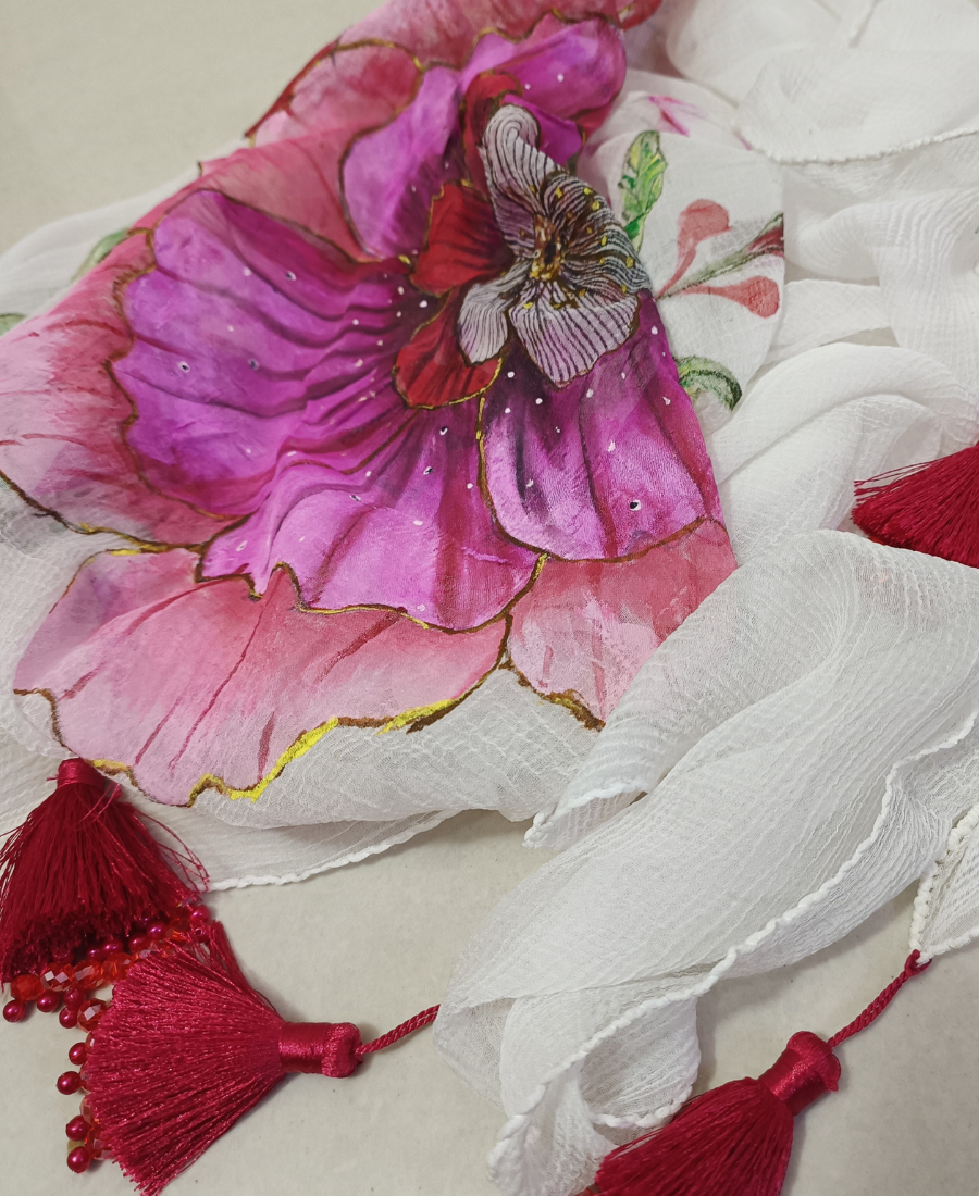 Ivory Blossom Hand-Painted Chiffon Scarf