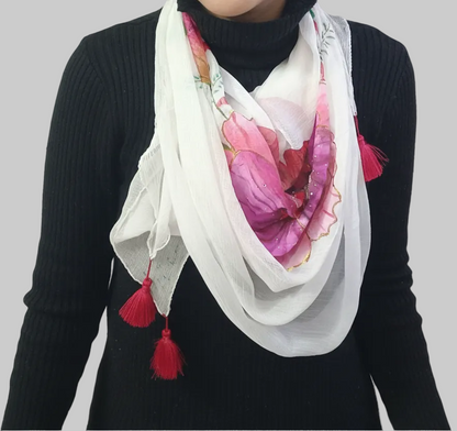 Ivory Blossom Hand-Painted Chiffon Scarf