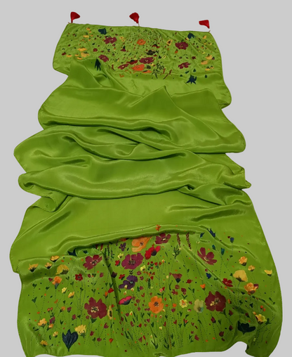 Meadow Bloom Hand-Painted Crepe Silk Stole – Olive Green