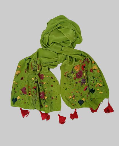 Meadow Bloom Hand-Painted Crepe Silk Stole – Olive Green