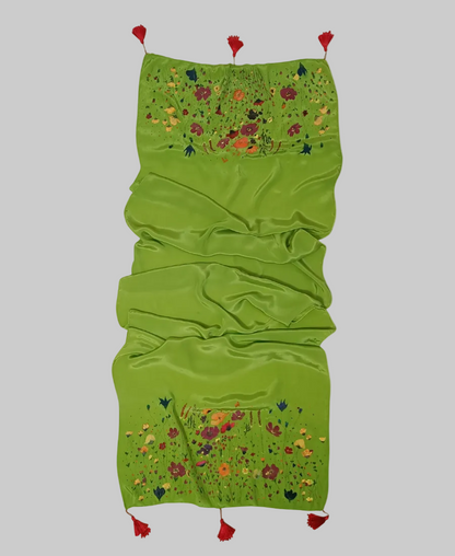 Meadow Bloom Hand-Painted Crepe Silk Stole – Olive Green