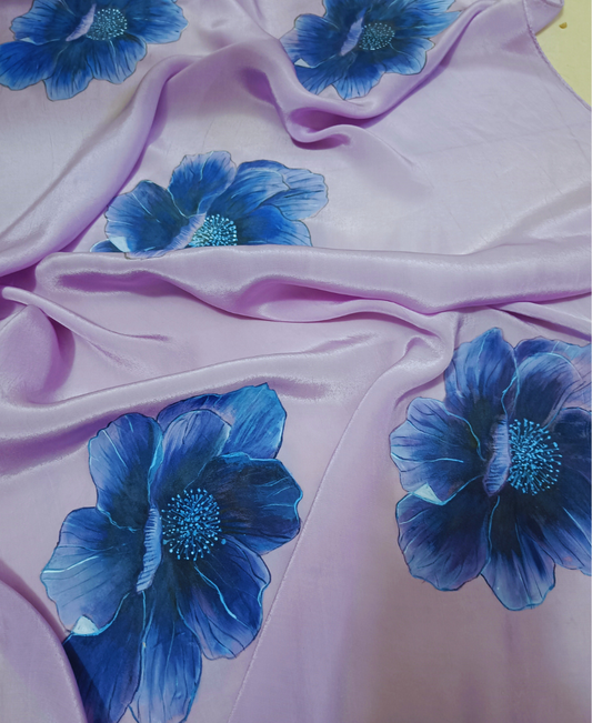 Lavender Blue Bloom Hand-Painted Crepe Silk Stole
