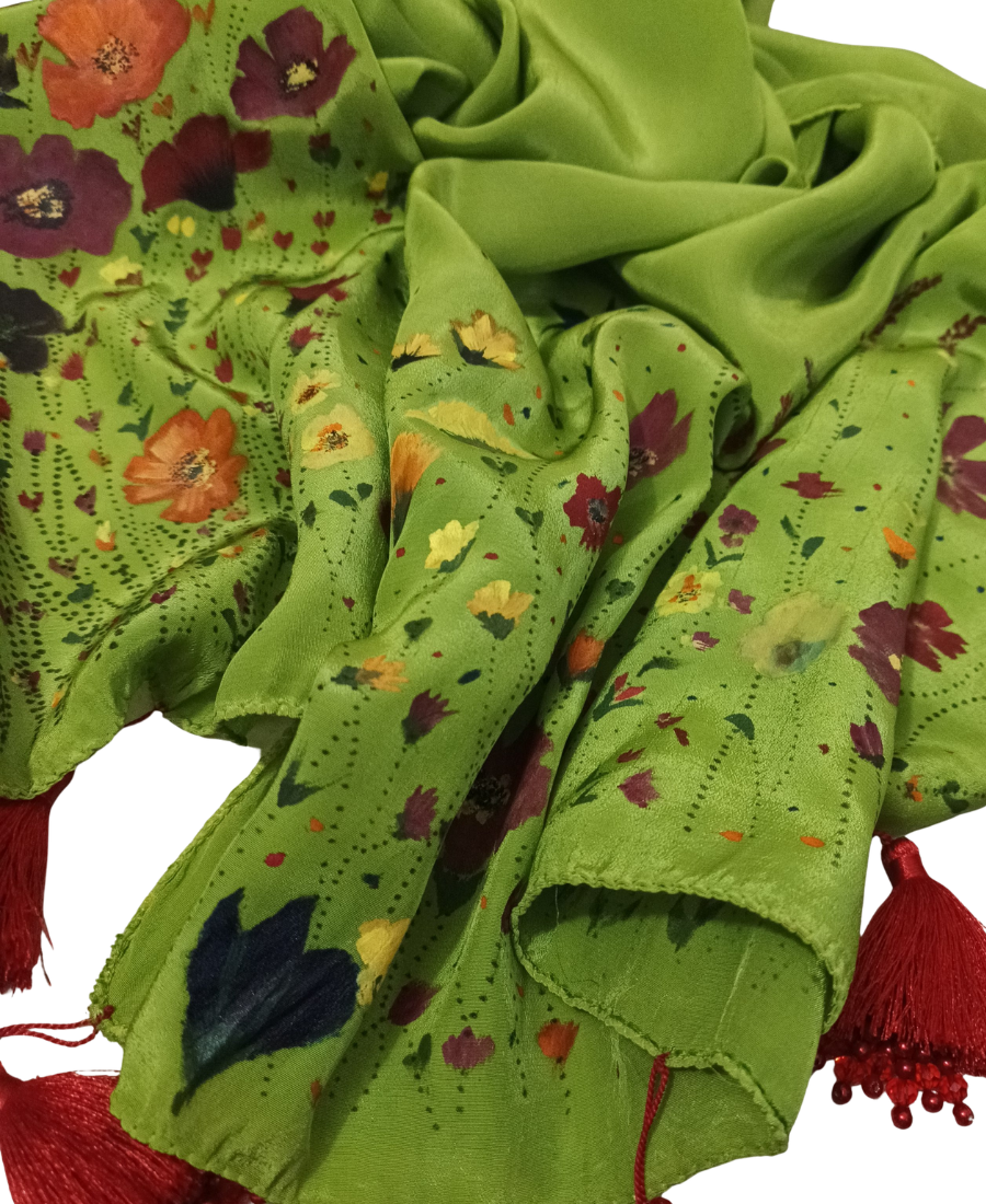 Meadow Bloom Hand-Painted Crepe Silk Stole – Olive Green