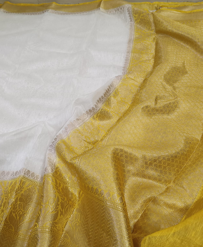 White Pure Silk Linen Banarasi Saree with Contrast Yellow Border