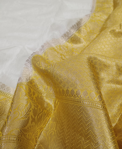White Pure Silk Linen Banarasi Saree with Contrast Yellow Border