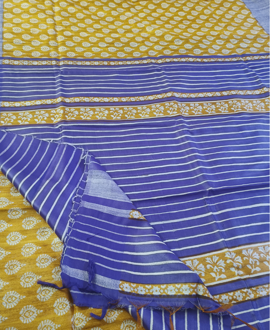 Printed Tussar Ghicha Silk Saree in Mustard Color